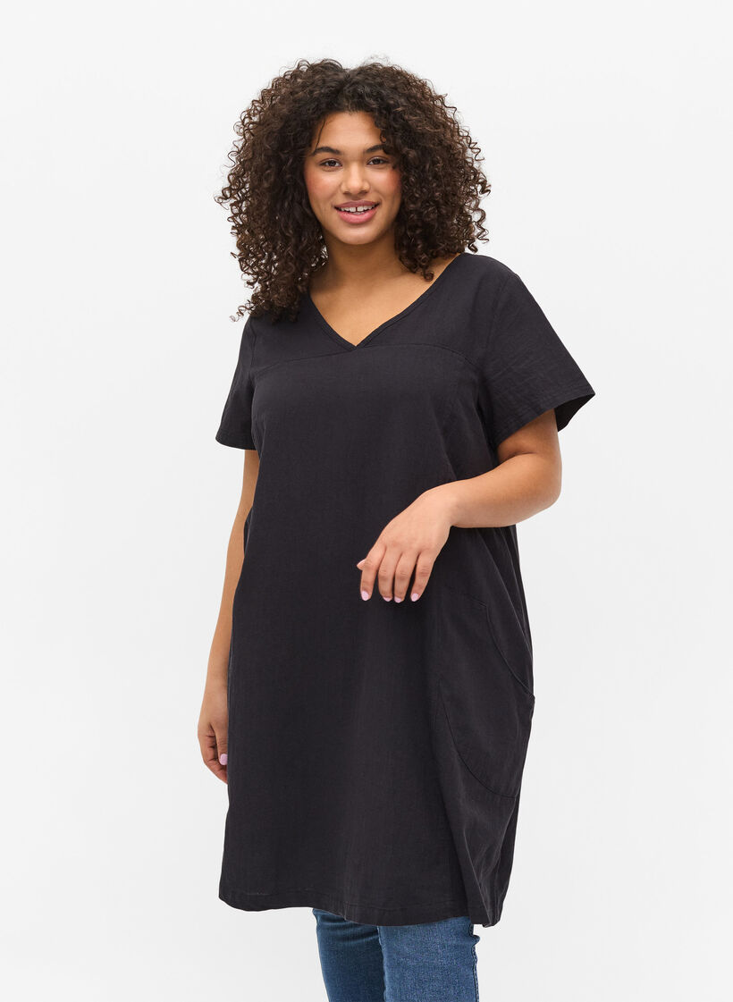 Kort&auml;rmad kl&auml;nning i bomull, Svart, Model image number 0