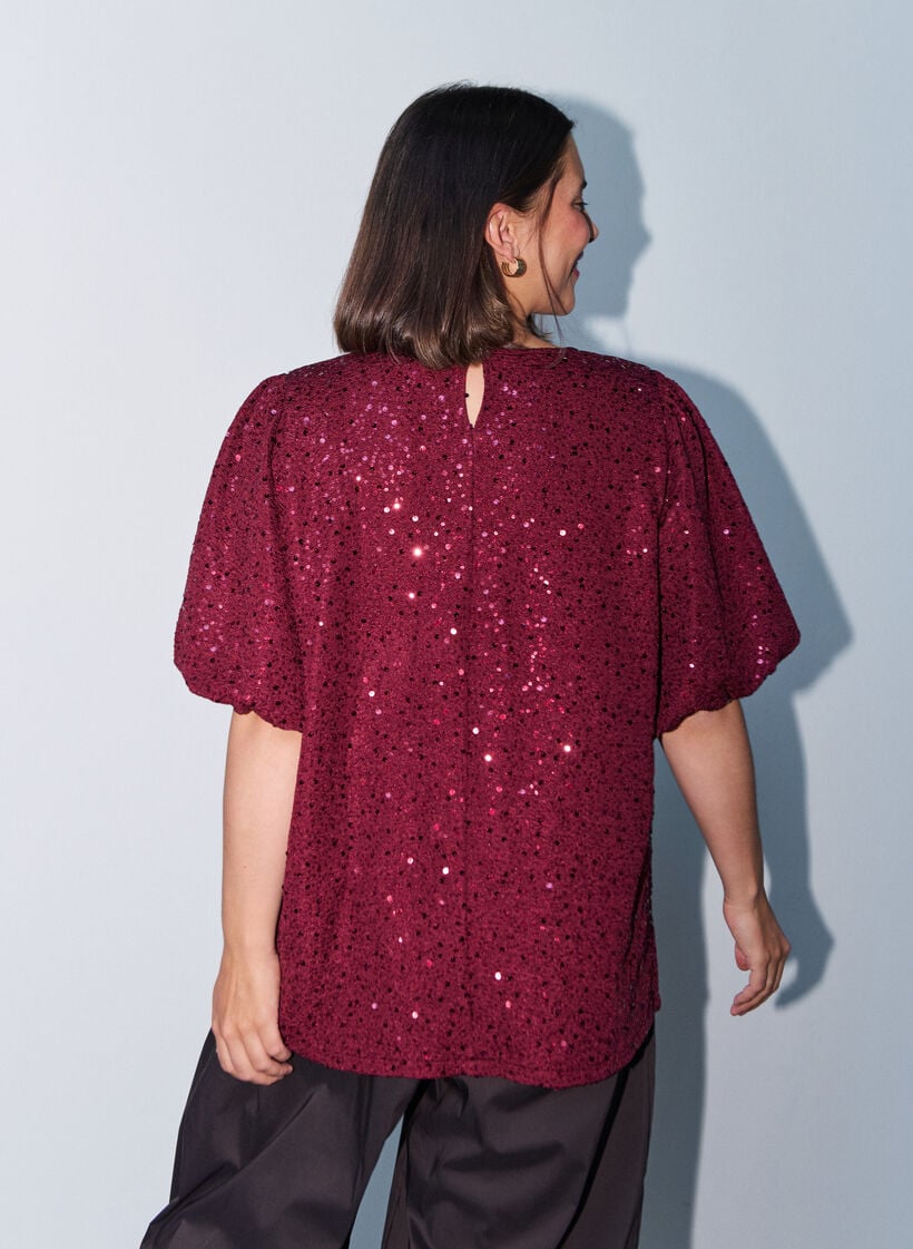 Paljettblus med ballong&auml;rmar, R&ouml;d, Model image number 2