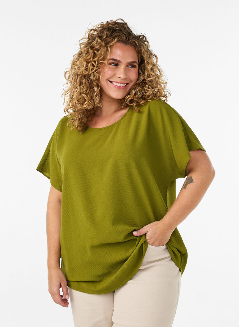 Blus med korta &auml;rmar och rund halsringning, Gr&ouml;n, Model image number 0