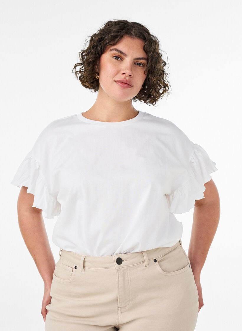 T-shirt i ekologisk bomull med volang&auml;rmar, Vit, Model image number 0