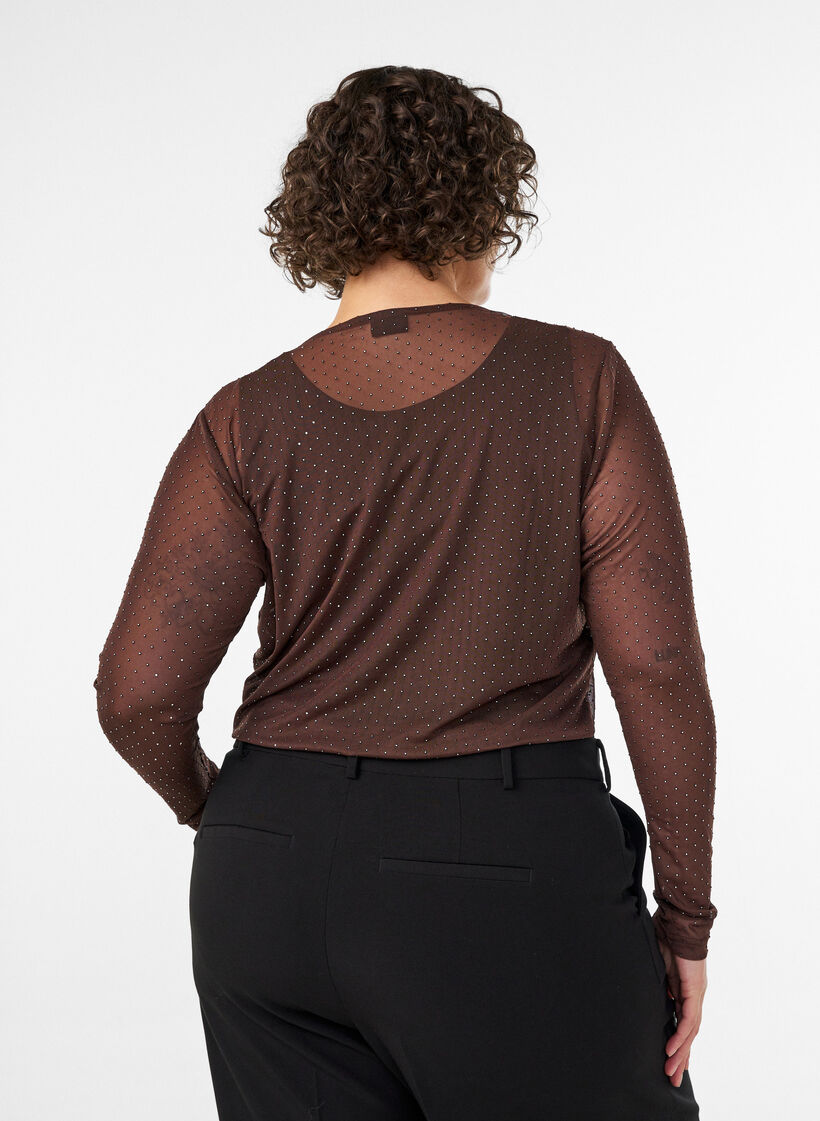 Blus i skir mesh med strass, Brun, Model image number 2