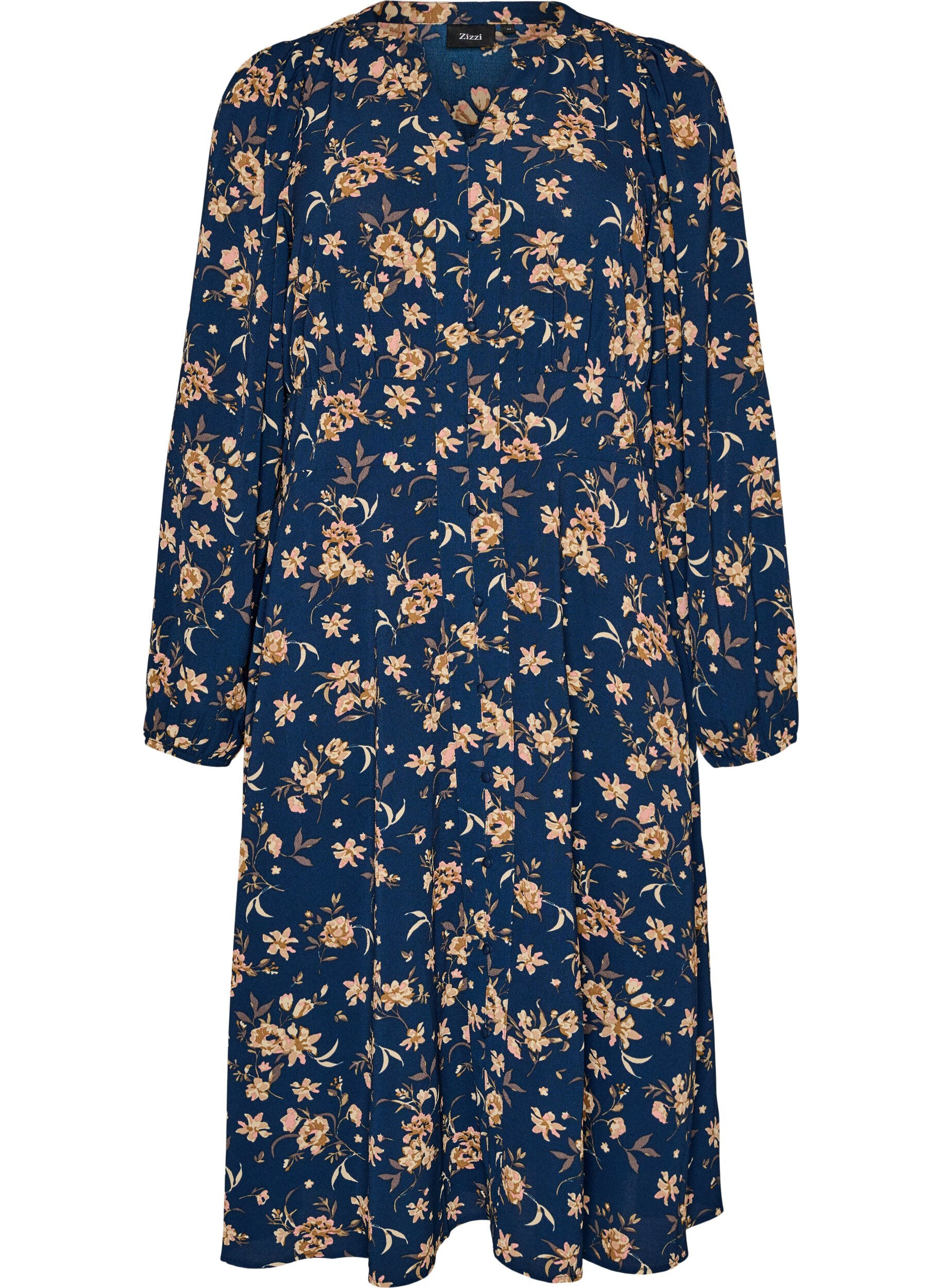 ZizziMidikl&auml;nning med smock och dekorativa knappar, Bl&aring;, Packshot image number 0