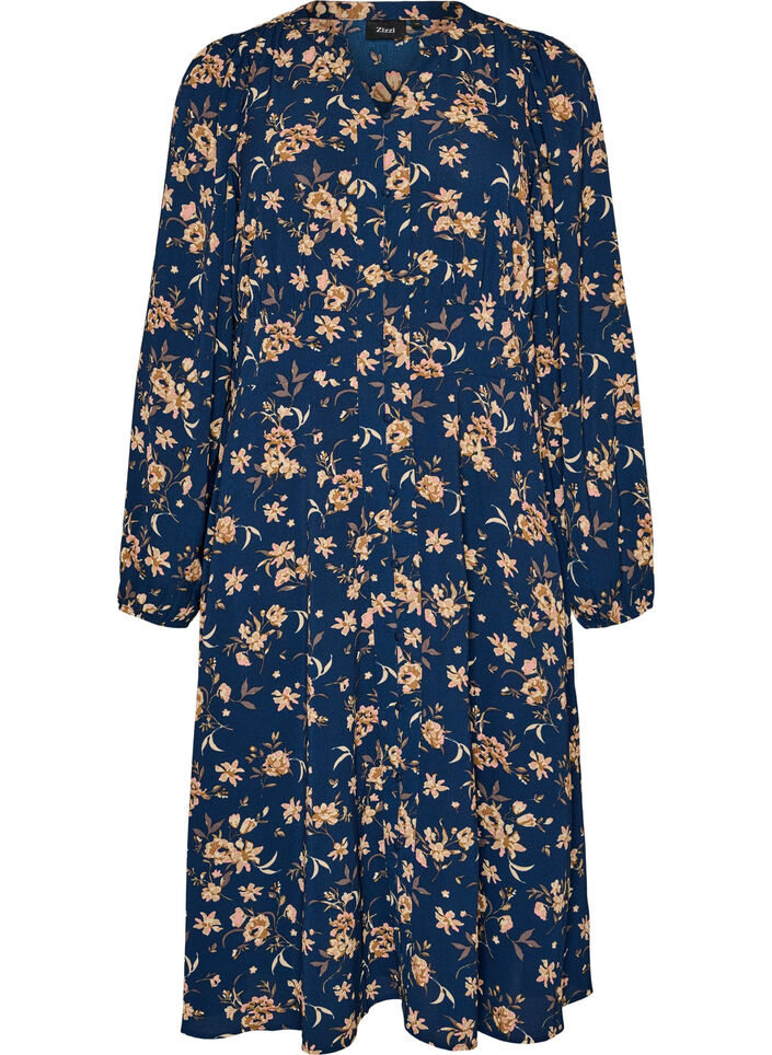 Midikl&auml;nning med smock och dekorativa knappar, Bl&aring;, Packshot image number 0