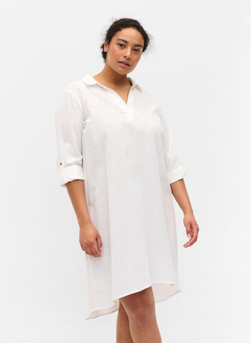 Randig klänning i bomull och linne, White, Model image number 0