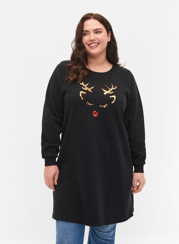 Sweatshirtklänning med julmotiv, Black Reindeer, Model image number 0