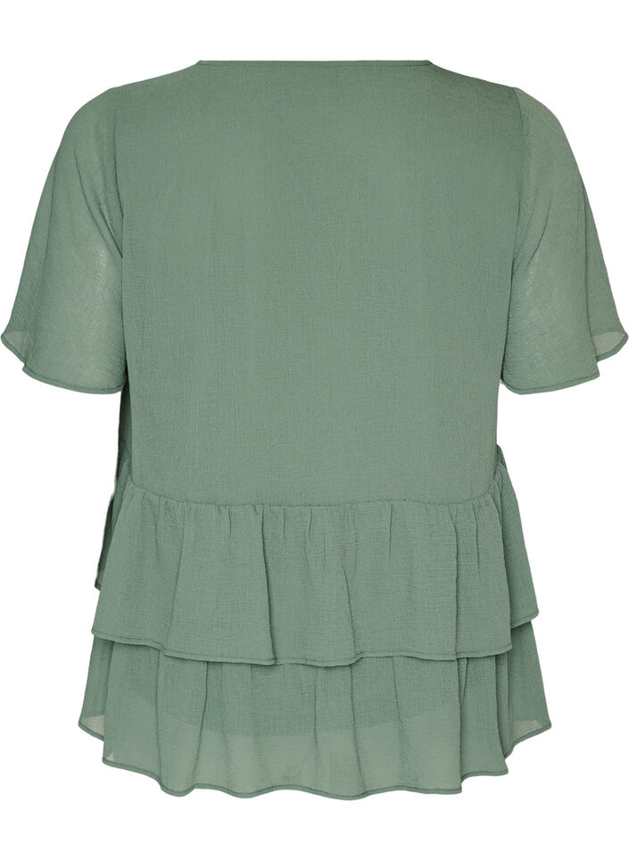Blus med v-ringning och volanger, Gr&ouml;n, Packshot image number 1