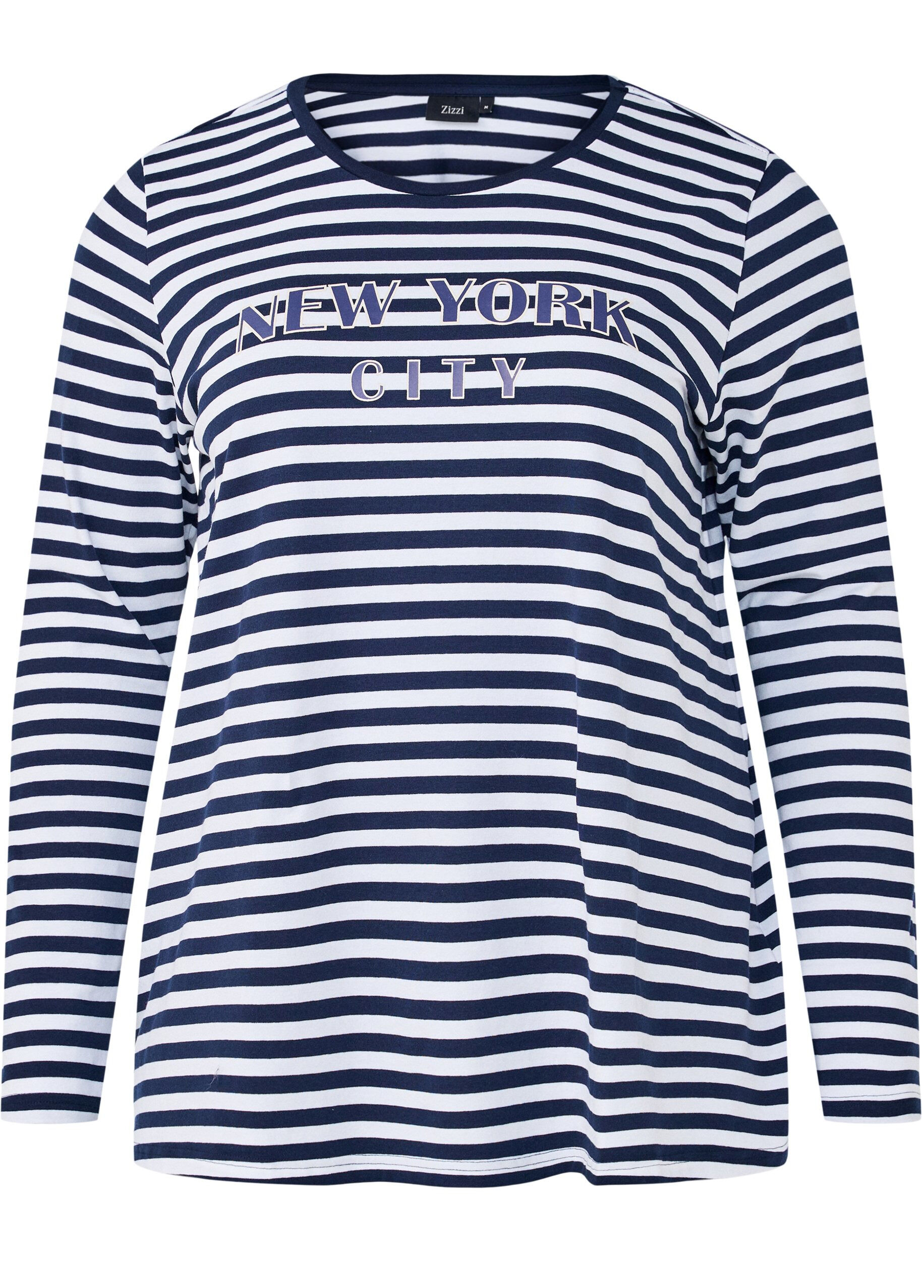 Zizzi Randig blus med motiv, White w.Navy Stripe, Packshot image number 0