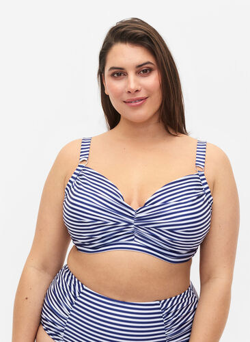 Tryckt bikini-bh med bygel, Blue Striped, Model image number 0