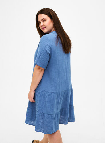 Kortärmad klänning i 100% bomull, Moonlight Blue, Model image number 1
