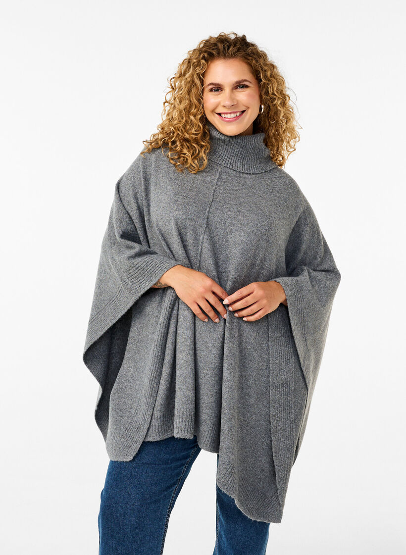 Poncho med hög hals, Medium Grey Melange, Model image number 0