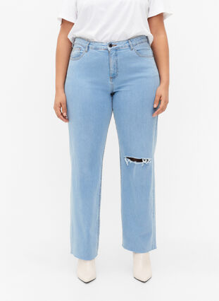 Högmidjade Gemma jeans med hål på knät, Ex Lgt Blue, Model image number 2