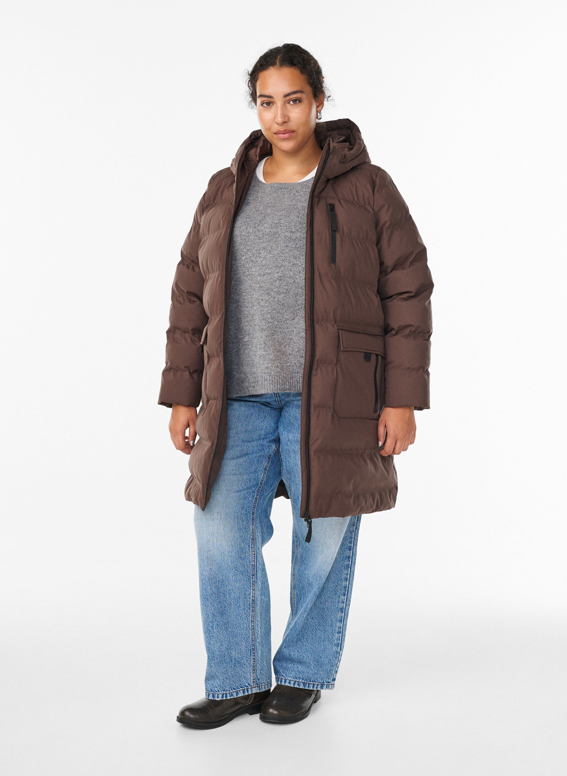 Zizzi Pufferkappa med huva och fickor, Brun, Model image number 1