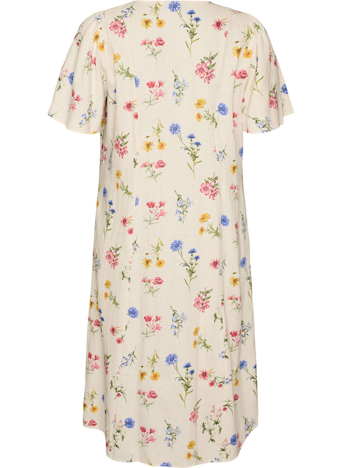 Midikl&auml;nning i linne och viskos med volang&auml;rmar, Beige, Packshot image number 1