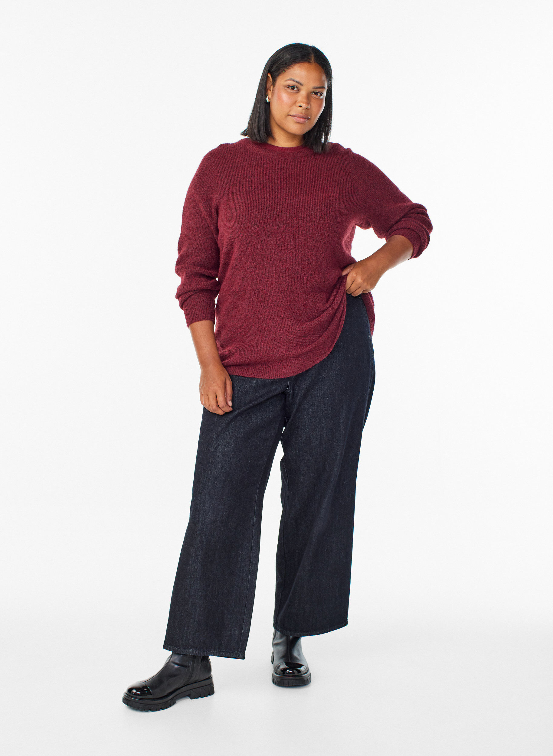 ZizziMelerad stickad blus med rund hals, R&ouml;d, Model image number 1