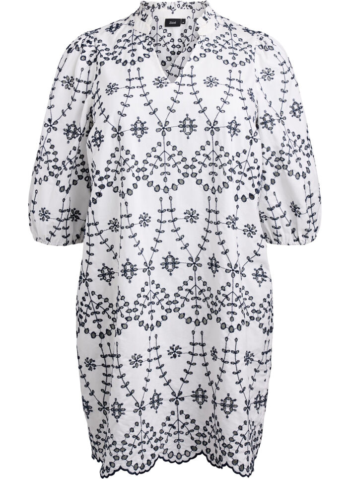 Klänning med kontrasterande broderi anglaise, White w. Navy Blazer, Packshot image number 0