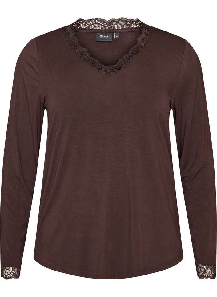 Blus i viskos med spetskant och v-ringning, Brun, Packshot image number 0