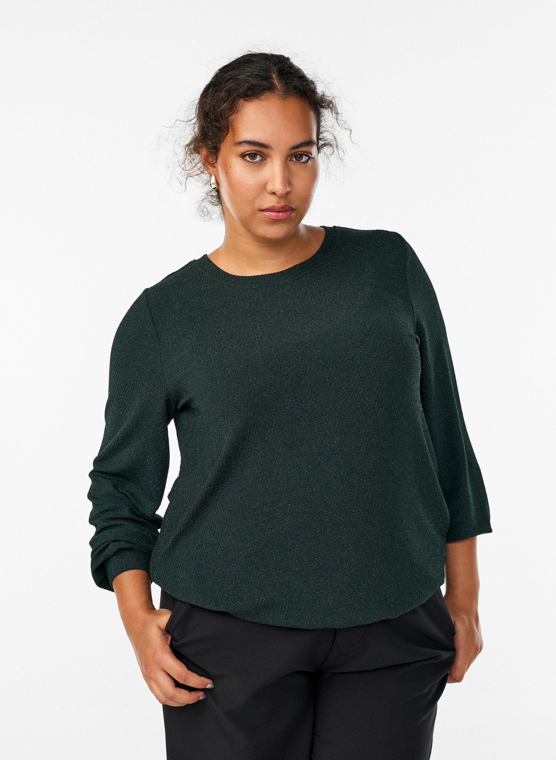 Blus med fiskbensm&ouml;nster och glittertr&aring;d, Gr&ouml;n, Model