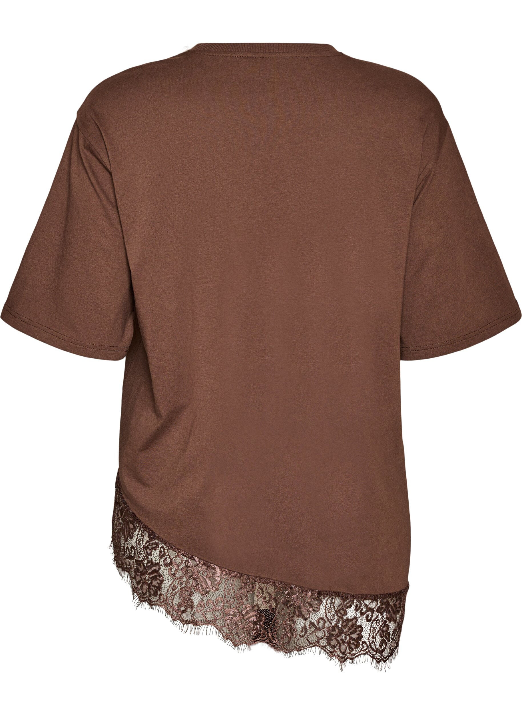 Zizzi T-shirt med asymmetrisk spetskant, Brun, Packshot image number 1
