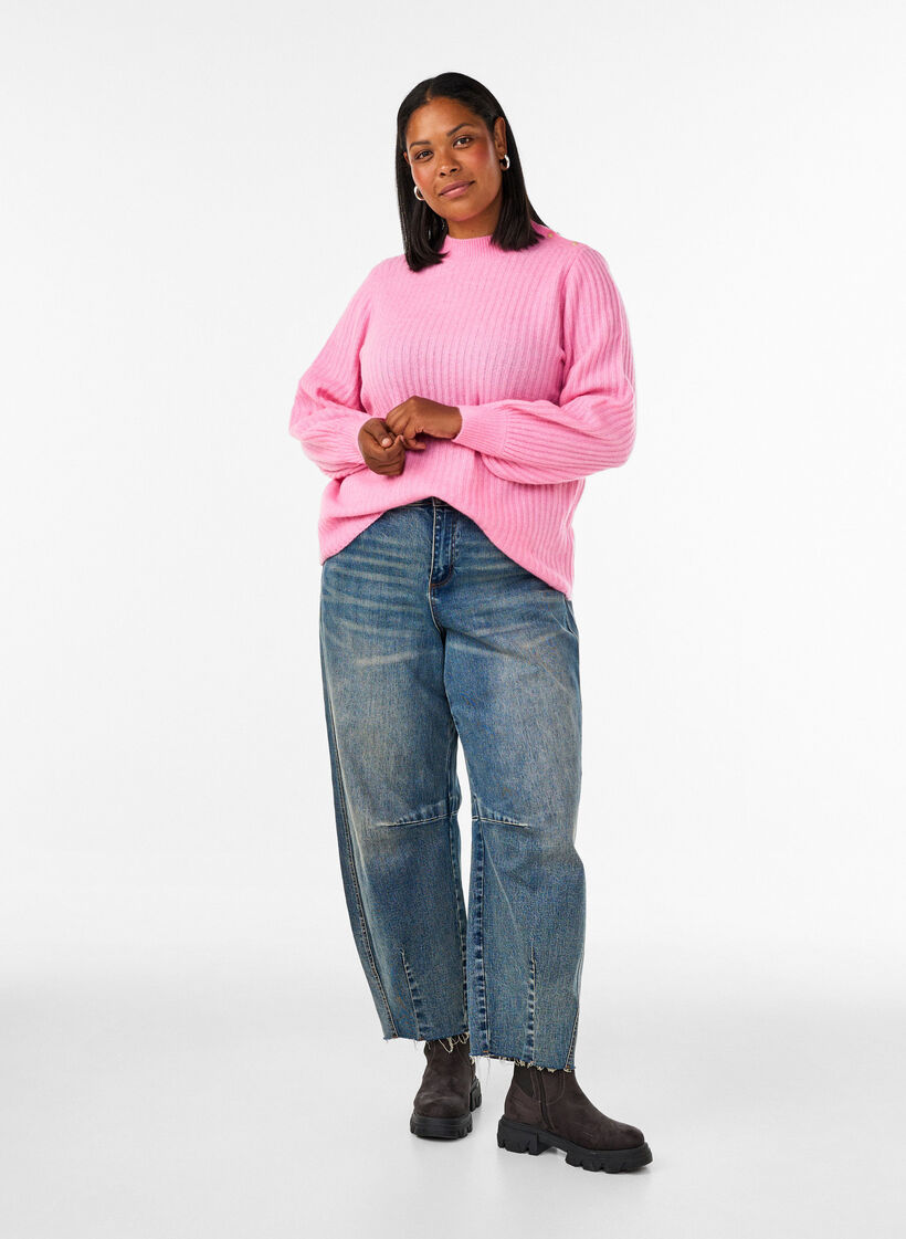 Ribbstickad tr&ouml;ja med puff&auml;rmar och knappar, Rosa, Model image number 1