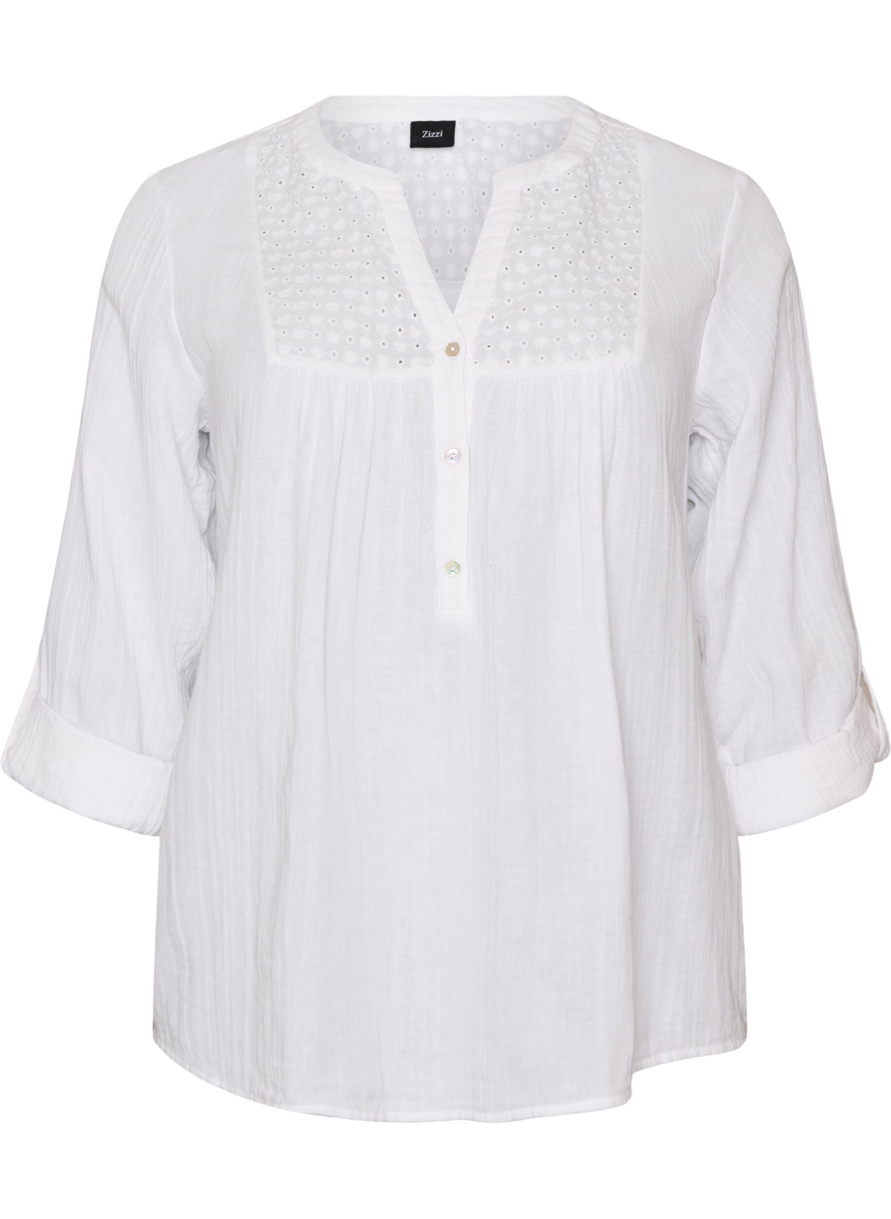 ZizziBlus i bomullsmuslin med broderie anglaise, Vit, Packshot image number 0