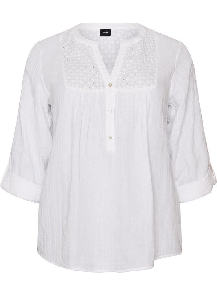 Blus i bomullsmuslin med broderie anglaise, Vit, Packshot image number 0