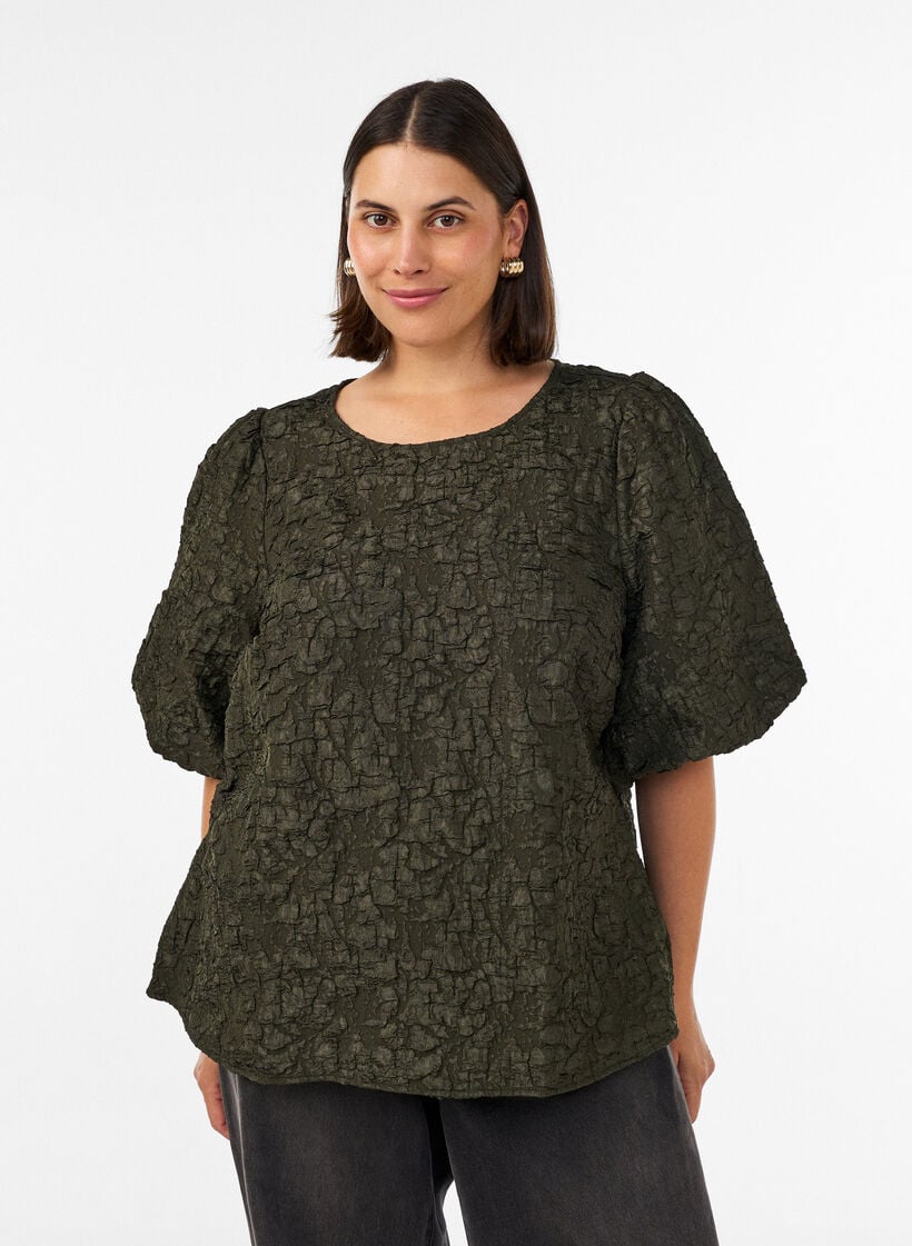Blus i jacquard med puff&auml;rmar och a-linjeformad passform, Gr&ouml;n, Model image number 0