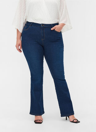 Högmidjade Ellen bootcut jeans, Dark blue denim, Model image number 2