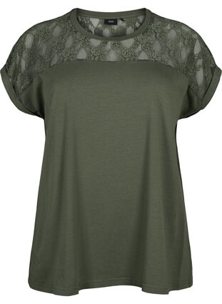 Kortärmad t-shirt av bomull med spets, Thyme, Packshot image number 0
