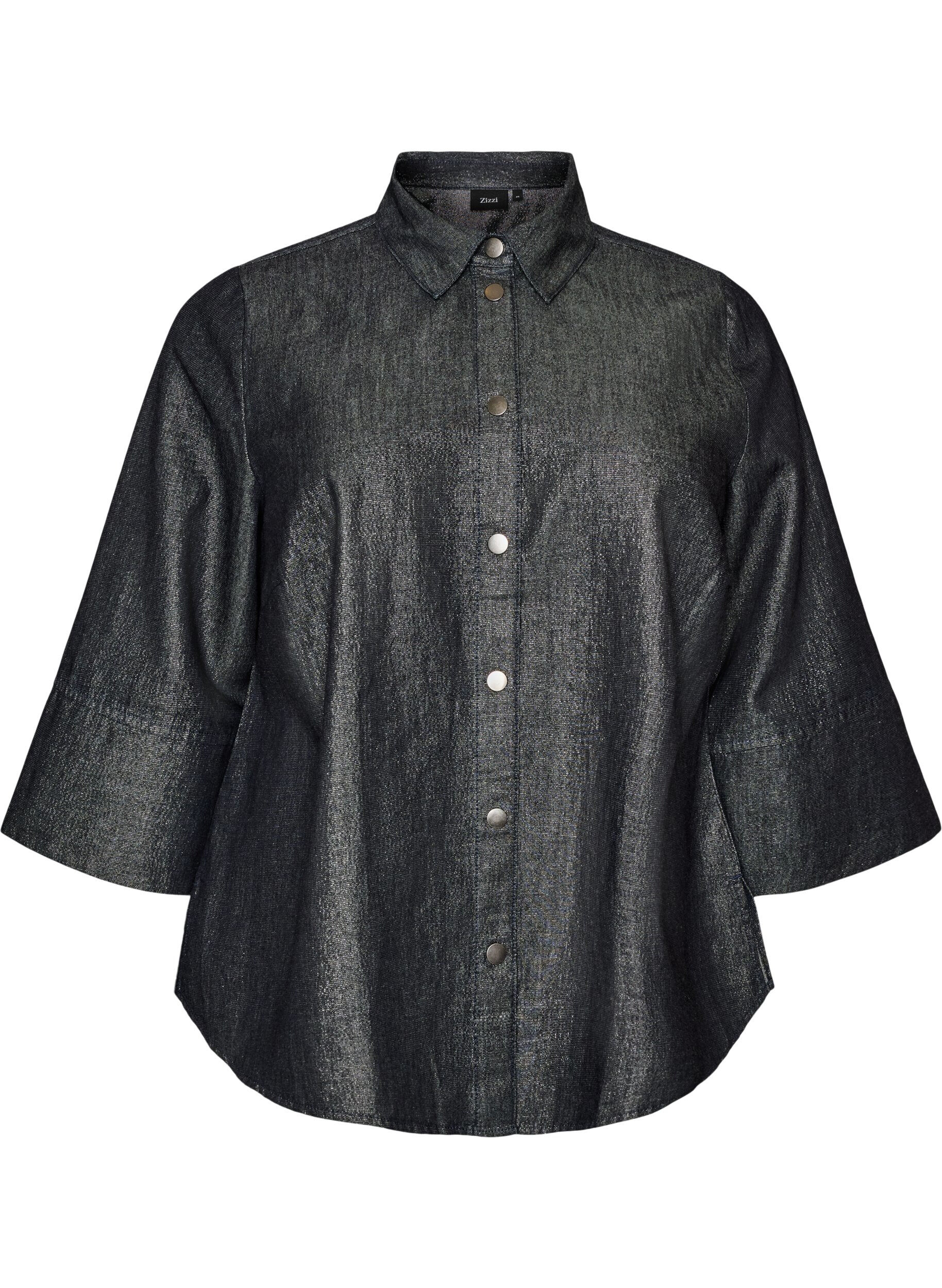 ZizziJeansskjorta med glittertr&aring;d och 3/4-&auml;rmar, Gr&aring;, Packshot image number 0