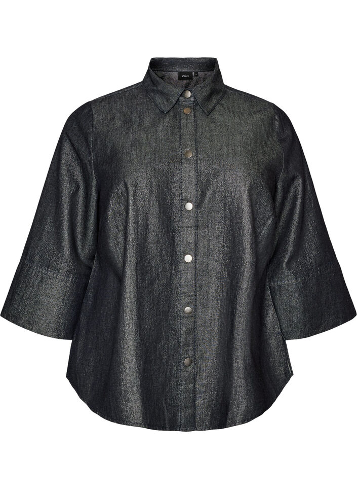 Jeansskjorta med glittertr&aring;d och 3/4-&auml;rmar, Gr&aring;, Packshot image number 0