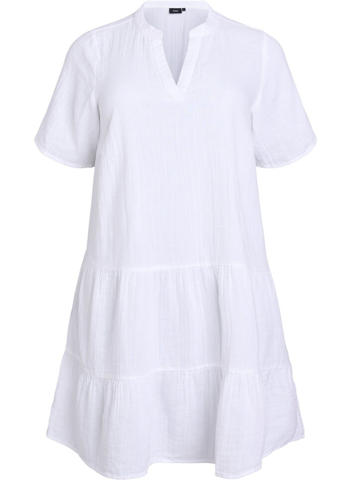 Kort a-linjeformad kl&auml;nning i bomullsmuslin, Vit, Packshot image number 0