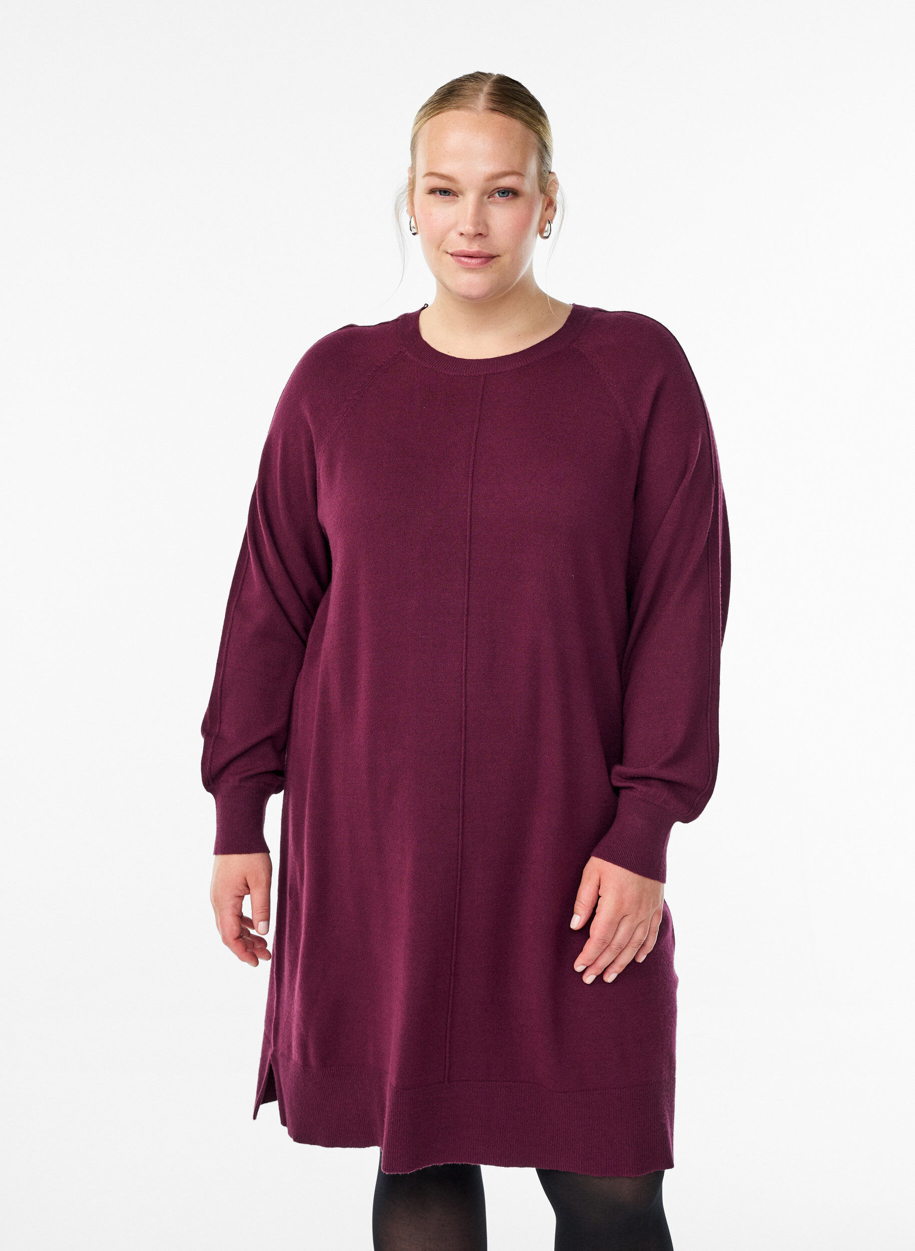 ZizziStickad kort kl&auml;nning med raglan&auml;rm och mitts&ouml;m, R&ouml;d, Model image number 0