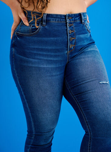 Amy jeans med hög midja och knappar, Blue denim, Image image number 1