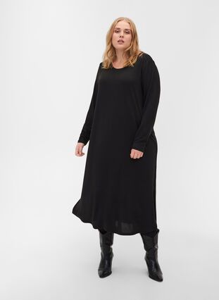 Enfärgad klänning med långa ärmar och slits, Black, Model image number 2