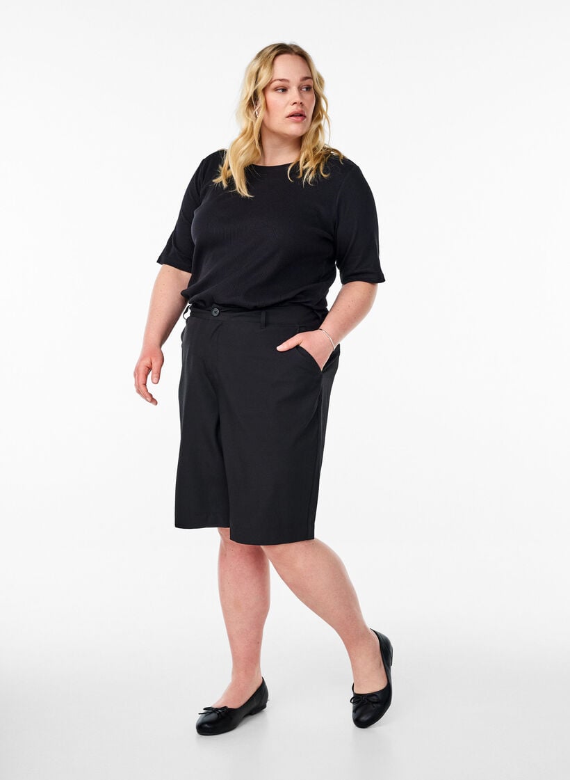 Blus i ribbad jersey med korta &auml;rmar, Svart, Model image number 1