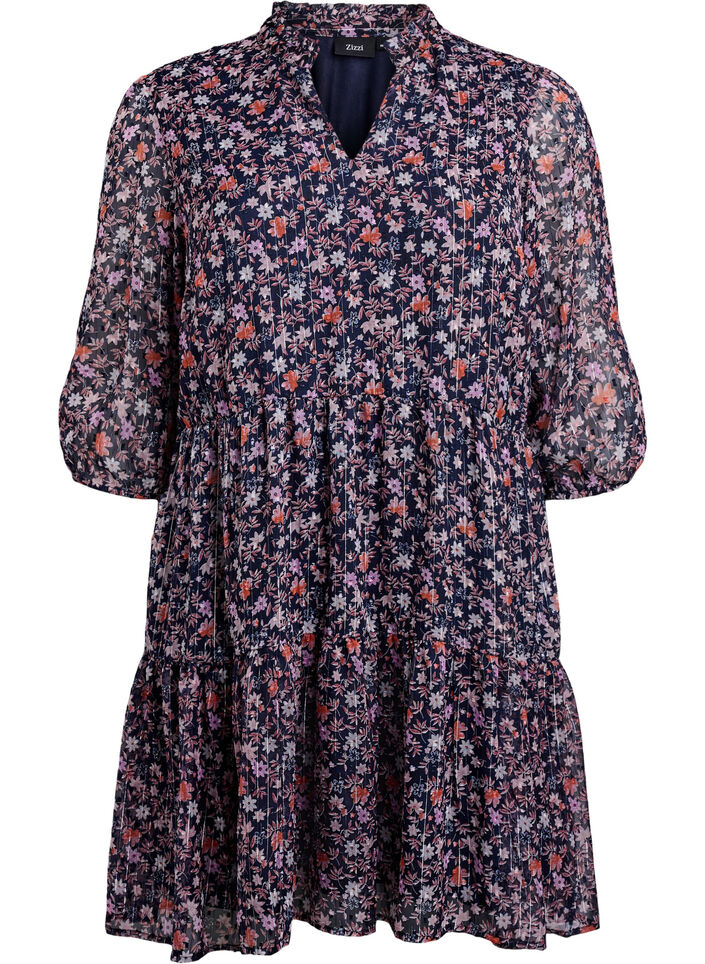 Tunika med blomm&ouml;nster och glittertr&aring;dar, Bl&aring;, Packshot image number 0