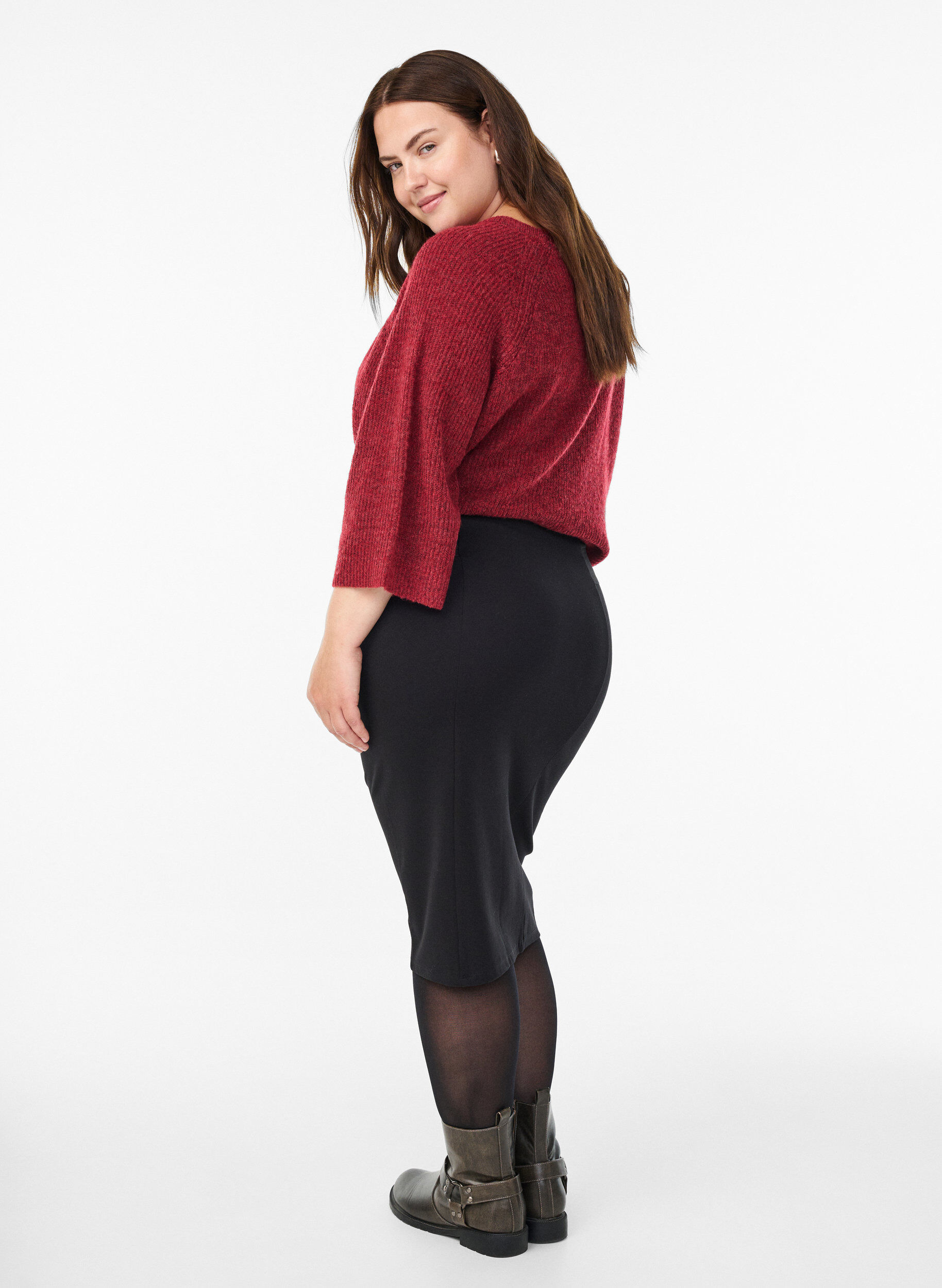 Zizzi Kroppsn&auml;ra kjol med res&aring;r i midjan, Svart, Model image number 1