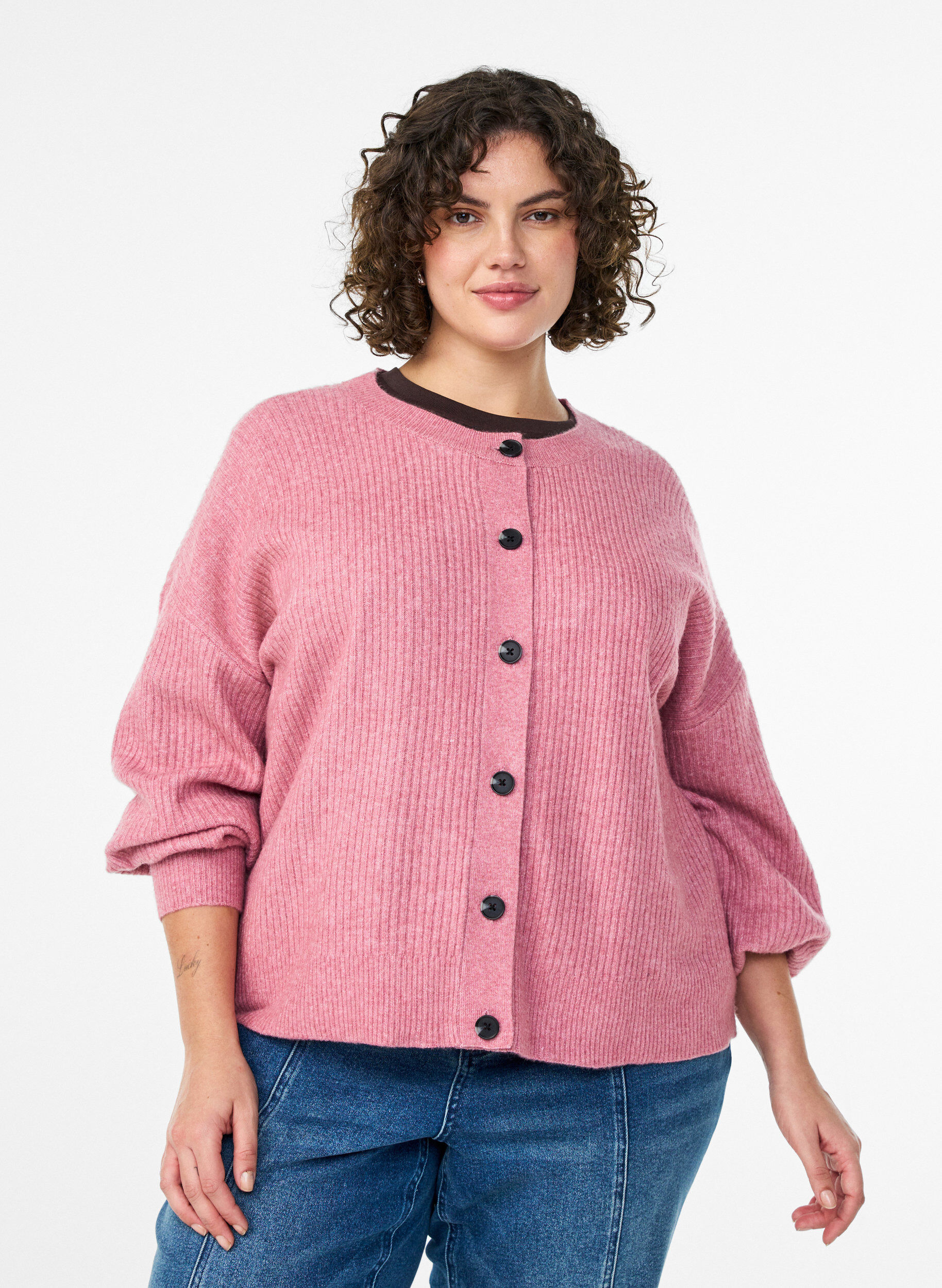 ZizziRibbstickad kofta med knappar, Rosa, Model image number 0