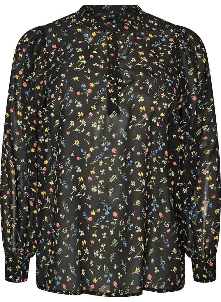 Blus med helt&auml;ckande m&ouml;nster och kort knappsl&aring;, Svart, Packshot image number 0