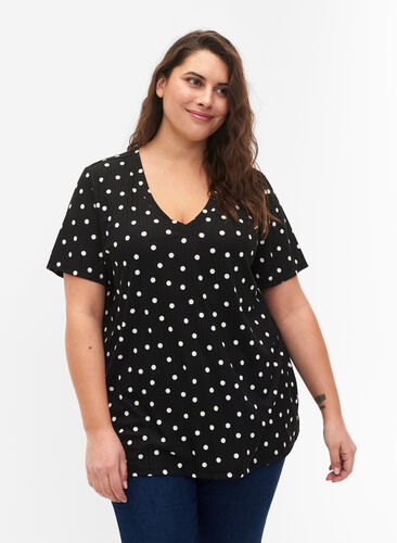 V-ringad t-shirt med tryck, Black Dot, Model image number 0