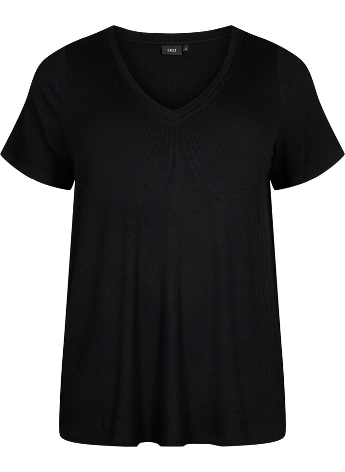 Ribbad t-shirt i viskos, Black, Packshot image number 0