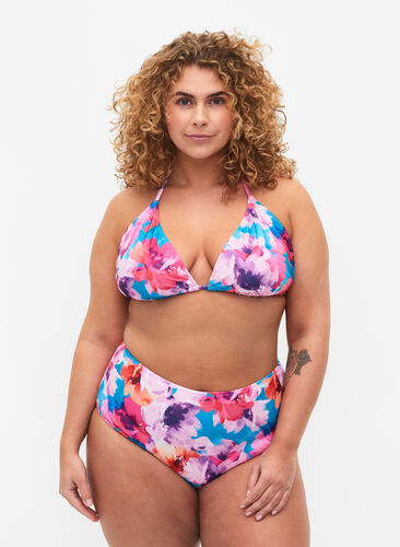 Bikiniunderdel med tryck och hög midja, Pink Flower, Model image number 0