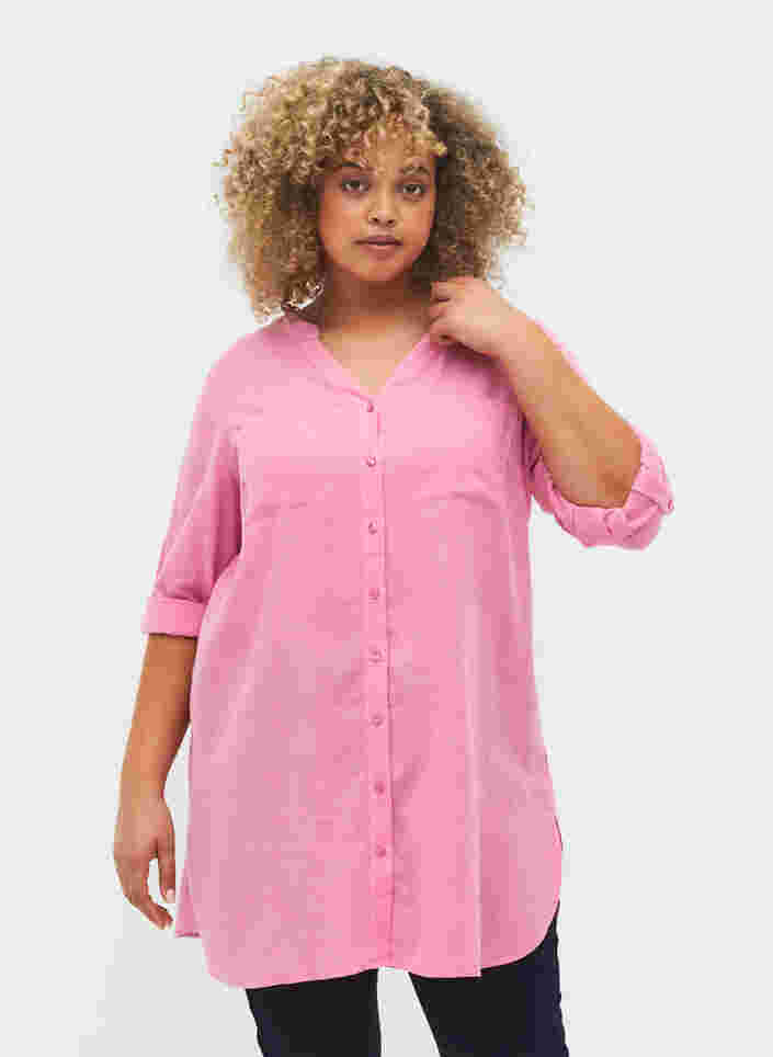Lång skjorta med 3/4-ärmar och v-ringning, Rosebloom, Model