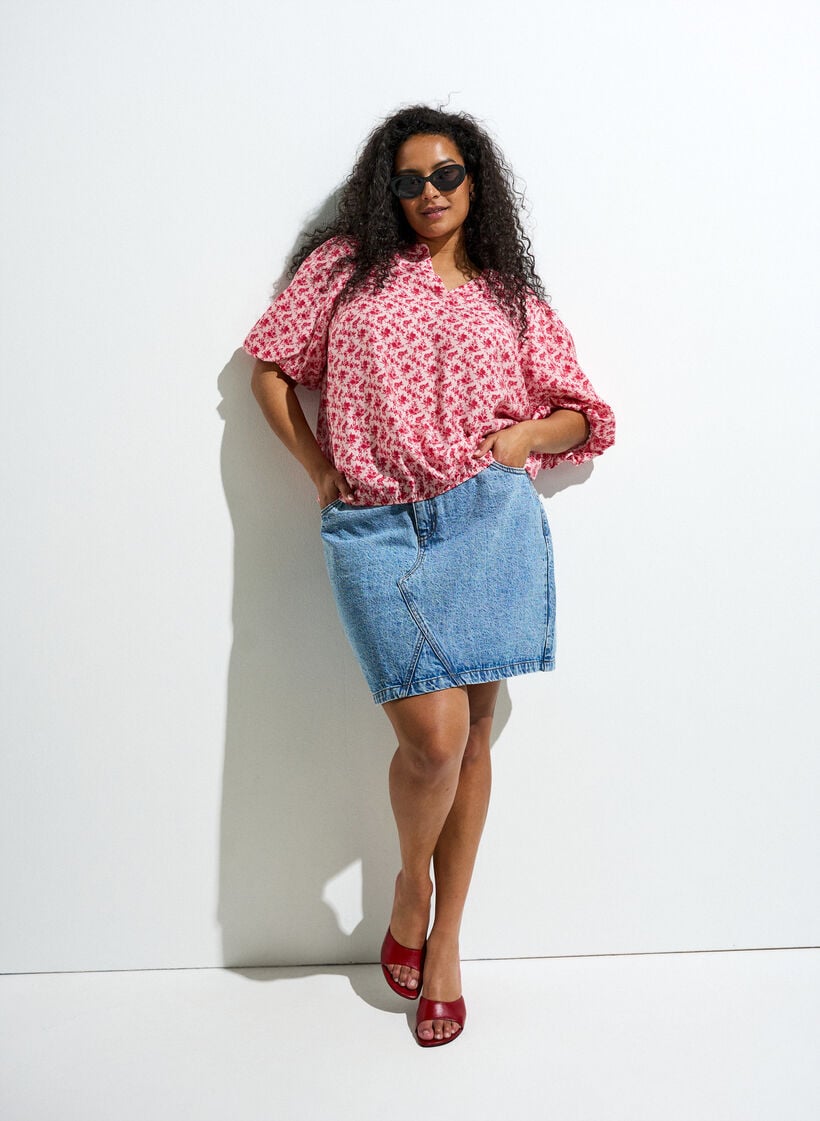 Blommig blus i viskos med ballong&auml;rmar, R&ouml;d, Image image number 0