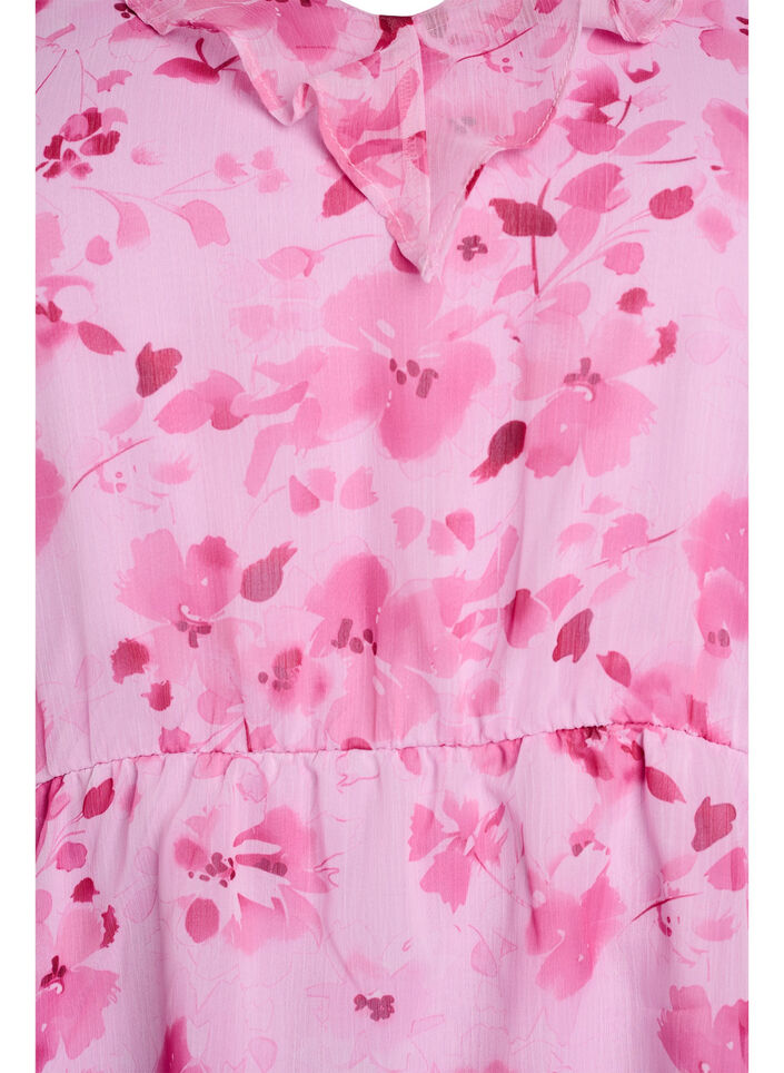 Blommig blus med volangkrage och peplumeffekt, Rosa, Packshot image number 2