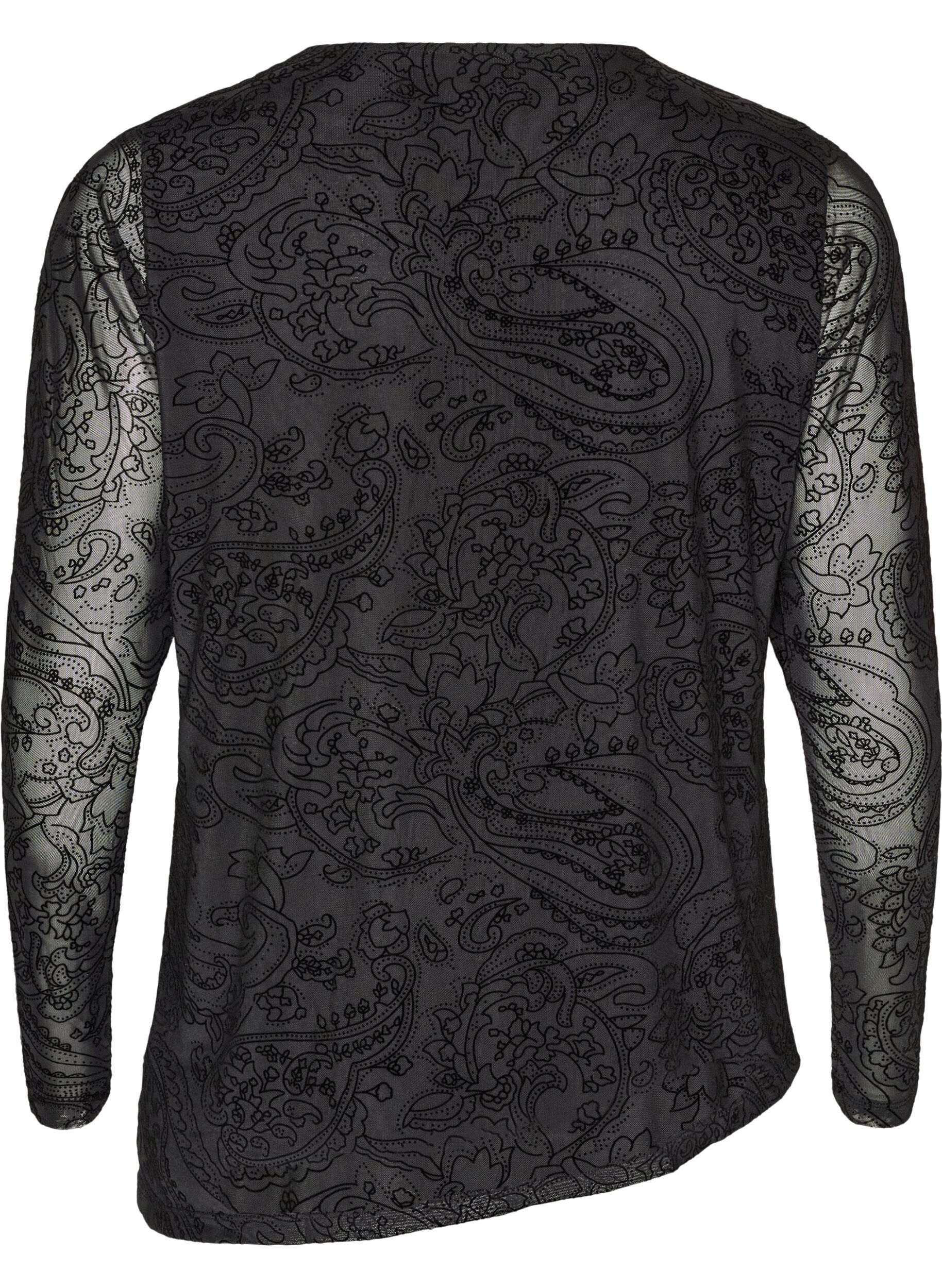 ZizziBlus i mesh med paisleym&ouml;nster och asymmetrisk nederkant, Svart, Packshot image number 1