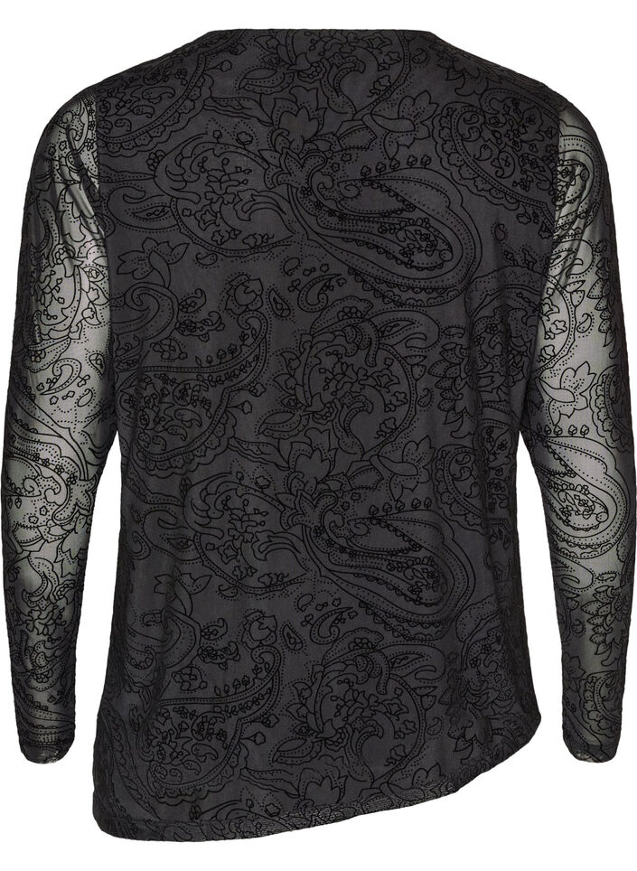 Blus i mesh med paisleym&ouml;nster och asymmetrisk nederkant, Svart, Packshot image number 1