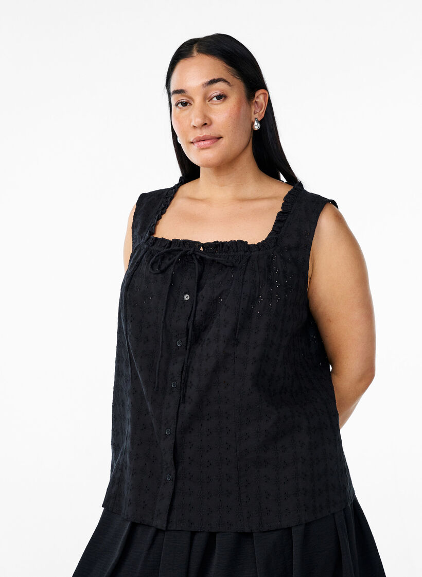 &Auml;rml&ouml;s blus med broderie anglaise och volanger, Svart, Model image number 0