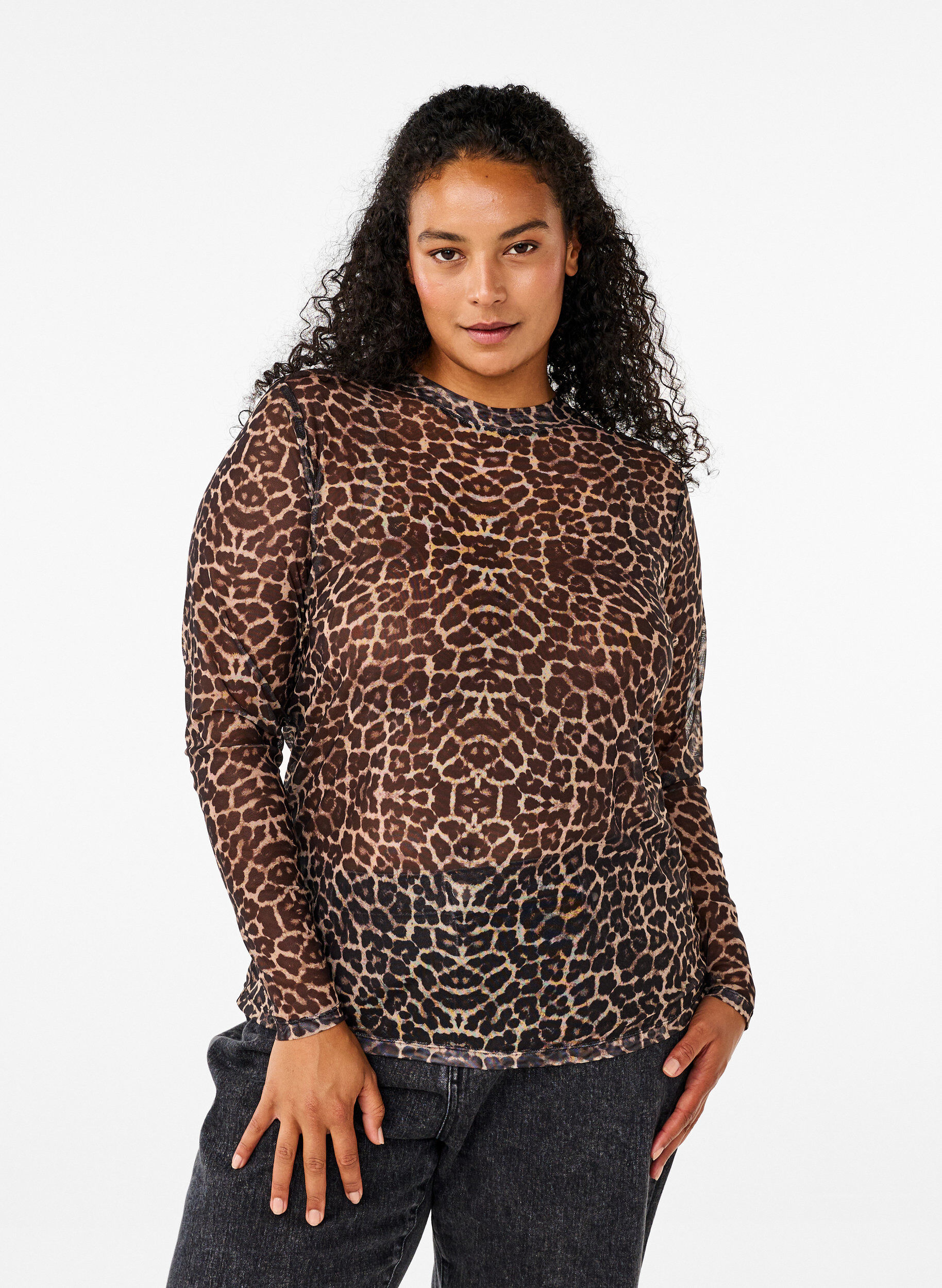 Zizzi Meshblus med leopardm&ouml;nster, Brun, Model image number 0