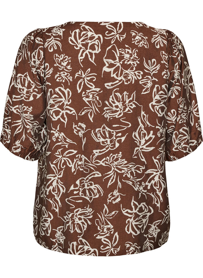Blus i viskos med v-ringning, Brun, Packshot image number 1